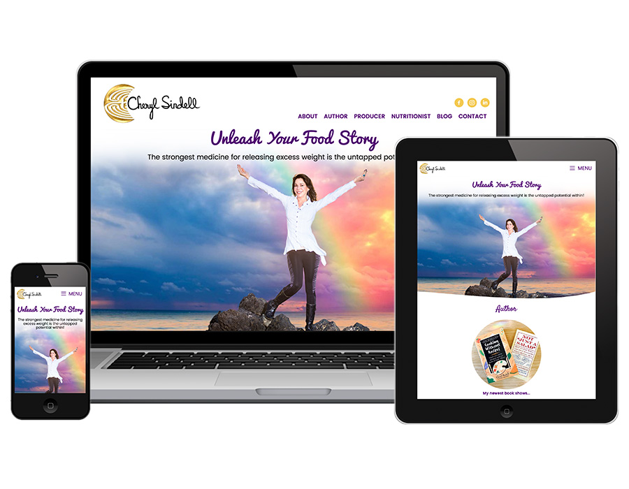 Web design and branding preview of desktop, mobile, and ipad website view for Cheryl Sindell