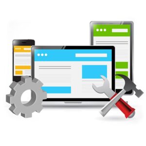 illustration of computer, tablet and smart phone with gears and tools for website care